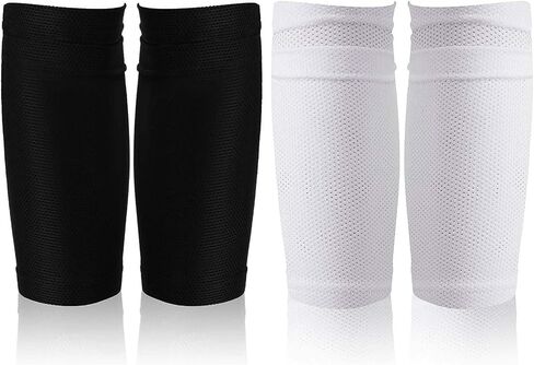 2 Pair Shin Pads Socks, Soccer Shin Guard Covers Socks Breathable Football Pads Holders Soccer Sock Sleeves Soft Calf Sleeves for Kids Adults Beginners (Black & White) in Kuwait