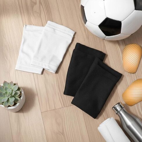 2 Pair Shin Pads Socks, Soccer Shin Guard Covers Socks Breathable Football Pads Holders Soccer Sock Sleeves Soft Calf Sleeves for Kids Adults Beginners (Black & White) in Kuwait