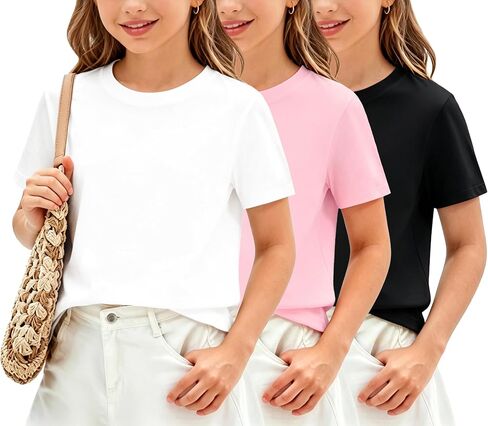 Girls Short Sleeve T Shirts Kids Casual Crewneck Short Sleeve Summer Basic Tee Tops 5-16 Years in Kuwait
