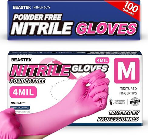 Beastek Nitrile Disposable Exam Gloves, 4Mil 100Ct Powder-Free Latex-Free Food-Safe for Cooking Medical Esthetician, Hot Pink in Kuwait