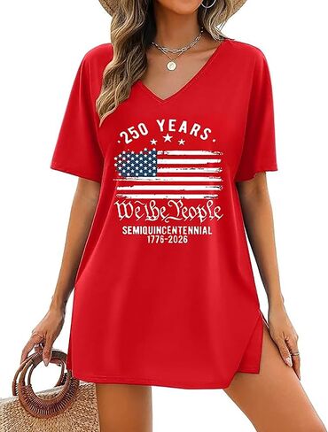 Lyeiao Women American Flag Dresses الوطنية USA Flag Tees Tees Shirt 4th of July v Neck Beach Swimsuit Coverup in Kuwait