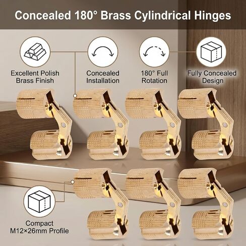 Fafeicy Polished Brass Hidden Cylindrical Hinges M12x26mm 180 Degree Opening Concealed Hinges for Jewelry Box Small Woodworking Projects in Kuwait