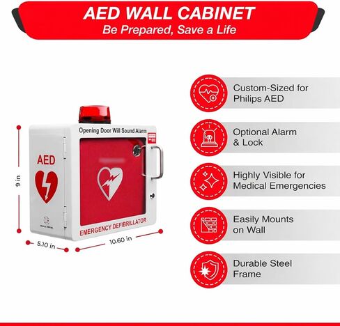خزانة AED متوافقة مع Philips HeartStart AED - خزانة مزيل الرجفان المدمجة على الحائط مع قفل وإنذار - تتضمن أجهزة التركيب (أبيض) in Kuwait