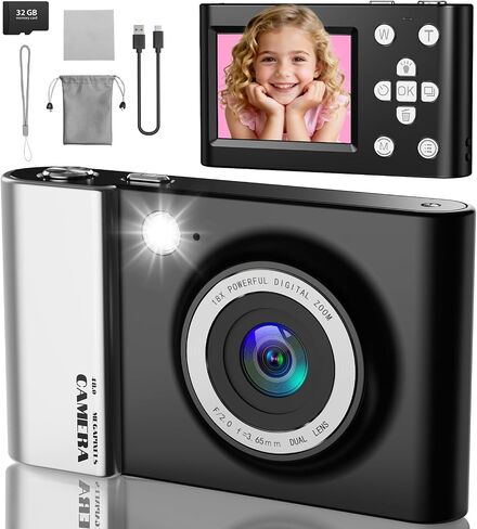 Kids Digital Camera, 4K Vlogging Camera with 64MP & 18X Zoom Anti-Shake, Christmas Birthday Gifts for Kids Ages 3-12, Includes 32GB SD Card (Black) in Kuwait