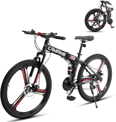 CamPingSurvivals 26" Foldable Bike, 21 Speeds Folding Bikes for Adults, Bicycle for Men & Women with Full-Suspension, Double-Walled Tire, Dual Disc Brake, Quick Release and Unique Wheel Look in Kuwait