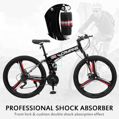 CamPingSurvivals 26" Foldable Bike, 21 Speeds Folding Bikes for Adults, Bicycle for Men & Women with Full-Suspension, Double-Walled Tire, Dual Disc Brake, Quick Release and Unique Wheel Look in Kuwait