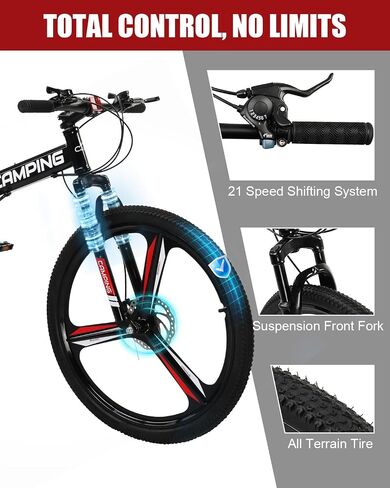 CamPingSurvivals 26" Foldable Bike, 21 Speeds Folding Bikes for Adults, Bicycle for Men & Women with Full-Suspension, Double-Walled Tire, Dual Disc Brake, Quick Release and Unique Wheel Look in Kuwait