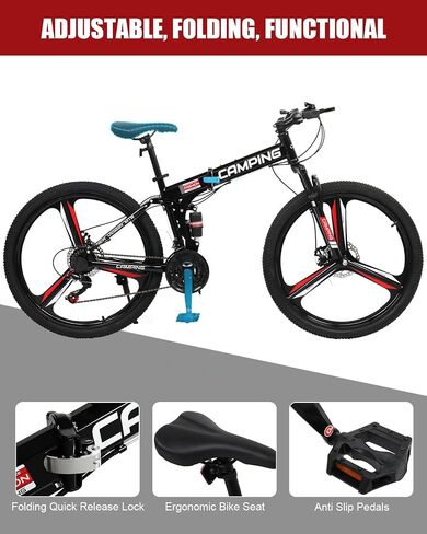 CamPingSurvivals 26" Foldable Bike, 21 Speeds Folding Bikes for Adults, Bicycle for Men & Women with Full-Suspension, Double-Walled Tire, Dual Disc Brake, Quick Release and Unique Wheel Look in Kuwait