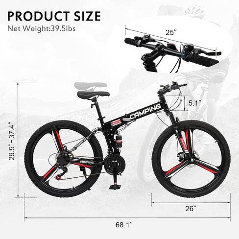 CamPingSurvivals 26" Foldable Bike, 21 Speeds Folding Bikes for Adults, Bicycle for Men & Women with Full-Suspension, Double-Walled Tire, Dual Disc Brake, Quick Release and Unique Wheel Look in Kuwait