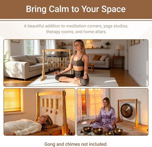 Wooden Wind Chime Stand & Gong Stand for 14 Inch Gong or 4 Koshi Chimes, Portable Tabletop Display Stand for Meditation, Sound Healing, Yoga Studio, Indoor Use with Base in Saudi Arabia