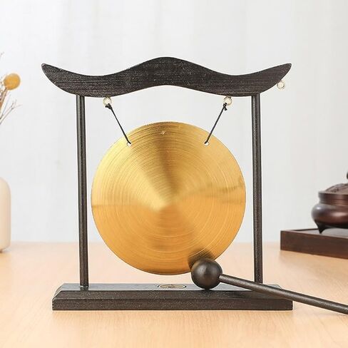 سطح المكتب النحاسي للتأمل ديكور المنزل طاولة قرع مع إطار فينغ صوت صيني خشبي شوي لمسة نهائية ذهبية 21 سم (C) in Kuwait