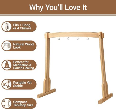 Wooden Wind Chime Stand & Gong Stand for 14 Inch Gong or 4 Koshi Chimes, Portable Tabletop Display Stand for Meditation, Sound Healing, Yoga Studio, Indoor Use with Base in Saudi Arabia