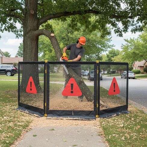 Pushglossy 120" x 45" Heavy Duty Nylon Coated 3 Section Debris Containment Mesh Barrier for Controlling Chips Grinding Stumps Chipping Brush, Portable Safety Barrier with Metal Frame(Warning) in Kuwait