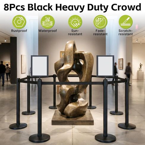 8 Pcs Crowd Control Stanchions Set, Stainless Steel Crowd Control Barrier with 8.2 ft Retractable Belt, Stanchion Post Sign Holders for Theaters, Parties, Weddings, Exhibitions, Black in Kuwait