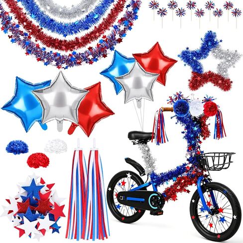 4th of July Bike Decoration Set Patriotic Parade Accessories with Glitter Tinsel Patriotic Garland Bicycle Ribbon American Flag for 250th Anniversary Independence Day Party Decor in Kuwait