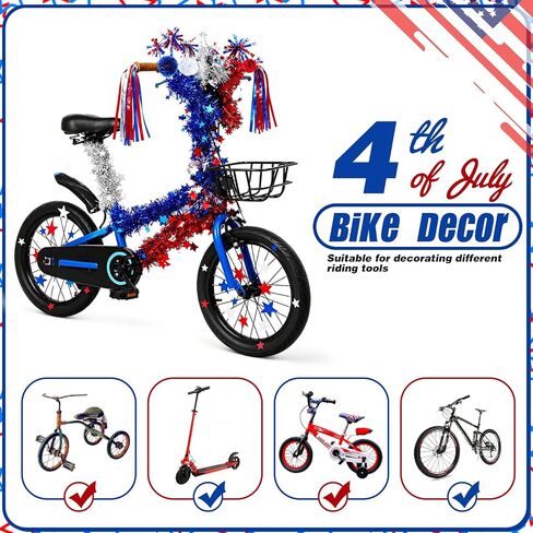4th of July Bike Decoration Set Patriotic Parade Accessories with Glitter Tinsel Patriotic Garland Bicycle Ribbon American Flag for 250th Anniversary Independence Day Party Decor in Kuwait