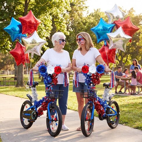 4th of July Bike Decoration Set Patriotic Parade Accessories with Glitter Tinsel Patriotic Garland Bicycle Ribbon American Flag for 250th Anniversary Independence Day Party Decor in Kuwait