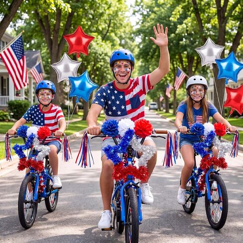 4th of July Bike Decoration Set Patriotic Parade Accessories with Glitter Tinsel Patriotic Garland Bicycle Ribbon American Flag for 250th Anniversary Independence Day Party Decor in Kuwait