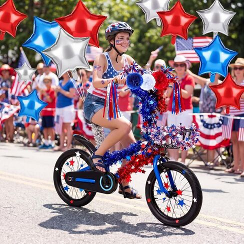4th of July Bike Decoration Set Patriotic Parade Accessories with Glitter Tinsel Patriotic Garland Bicycle Ribbon American Flag for 250th Anniversary Independence Day Party Decor in Kuwait