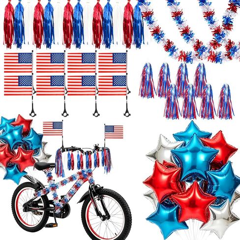 Foxtell 4th of July Patriotic Bike Decor Include USA Flags Tinsel Garlands Red White Blue Star Balloons Bike Ribbon Streamers and Paper Streamers Patriotic Bike Decor Set in Kuwait