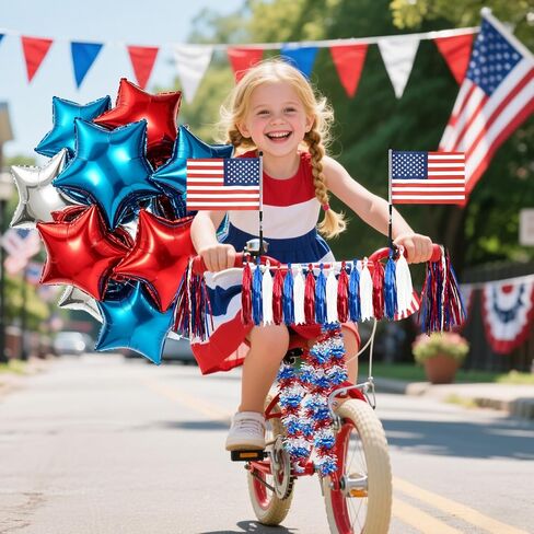 Foxtell 4th of July Patriotic Bike Decor Include USA Flags Tinsel Garlands Red White Blue Star Balloons Bike Ribbon Streamers and Paper Streamers Patriotic Bike Decor Set in Kuwait