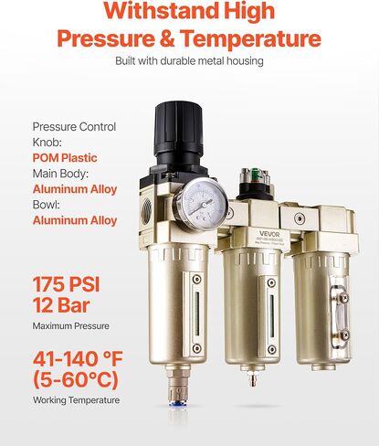 VEVOR Air Compressor Filter Regulator, 3/4" NPT 3-Stage 5μm & 0.3μm & 0.1μm Air Drying System with Micron Filters and Desiccant Dryer, Auto Drain Air Compressor Water Separator 175PSI Max Pressure in Kuwait