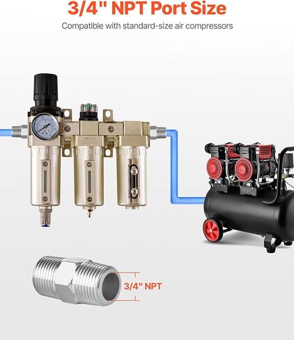 VEVOR Air Compressor Filter Regulator, 3/4" NPT 3-Stage 5μm & 0.3μm & 0.1μm Air Drying System with Micron Filters and Desiccant Dryer, Auto Drain Air Compressor Water Separator 175PSI Max Pressure in Kuwait