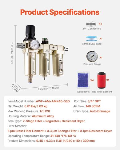 VEVOR Air Compressor Filter Regulator, 3/4" NPT 3-Stage 5μm & 0.3μm & 0.1μm Air Drying System with Micron Filters and Desiccant Dryer, Auto Drain Air Compressor Water Separator 175PSI Max Pressure in Kuwait