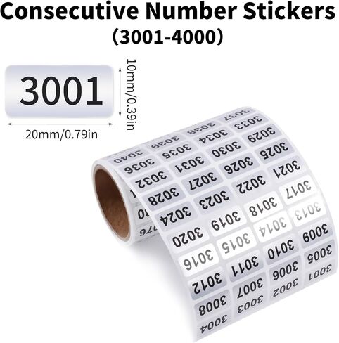 3001-4000 ملصقات جرد الأرقام المتتالية، ملصقات ذاتية اللصق مقاومة للماء، تصنيف ترقيم مستودعات المكتب، طباعة سوداء على ملصق فضي، 0.79 × 0.38 بوصة in Kuwait