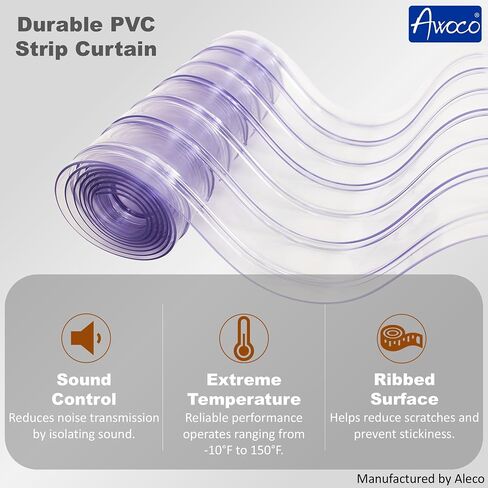 شريط Awoco PVC بديل، 12 بوصة × 96 بوصة، 0.216 بوصة أقصى سمك، 0.08 بوصة، ستارة باب مضلعة مقاومة للخدش للمستودع، التخزين البارد، فتحة كبيرة الحجم، صنع في الولايات المتحدة الأمريكية بواسطة Aleco in Kuwait