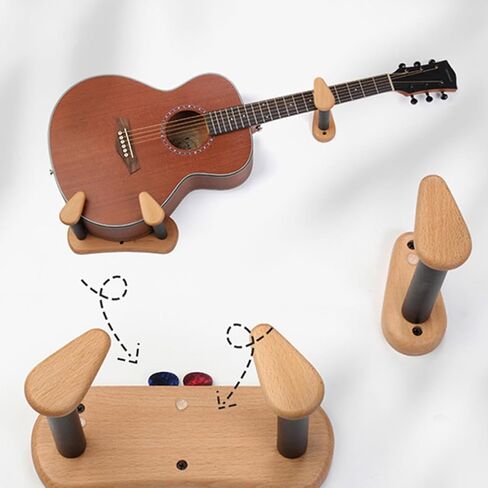 Wall Mount Guitar Hanger for Acoustic Guitar and Zhongruan, Split Design with Angled Suspension, Beech Wood and Iron Construction, Versatile Compatibility, for Home Decor in Kuwait