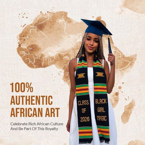Black Girl Magic Kente Graduation Stole 2025 | Authentic African Art Kente Stole | Bold Patterns and Vibrant Colors 72"x4.5" in Kuwait