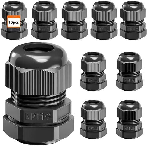 10 قطع 1/2 NPT نايلون أسود PA66 IP68 سدادات كابل قابلة للتعديل مقاومة للماء مع حشوات وجوز قفل - موصل قبضة سلك تخفيف الضغط، حلقة سلكية للصناديق الكهربائية والقنوات والتجهيزات (6-12 مم) in Kuwait