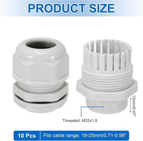 MECCANIXITY 10 Pcs M32x1.5" Cable Glands Adjustable 18-25mm PA6 Nylon IP68 Waterproof Connectors with Seals Anti-Corrosion for Industrial/Outdoor Electrical Systems (White) in Kuwait