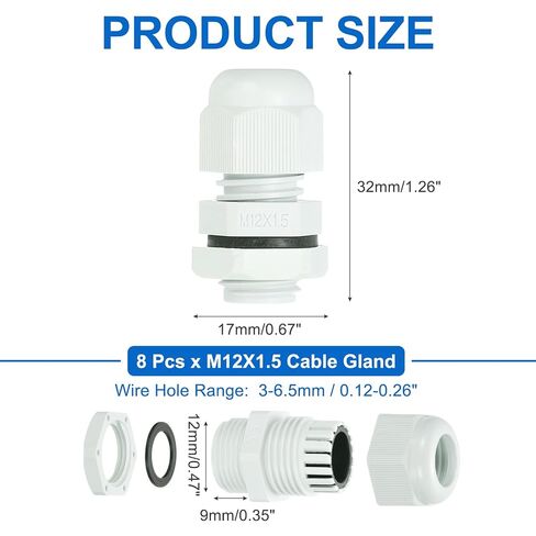 MECCANIXITY 8 قطع M12 كابل غدة، فتحة سلك 3-6.5 مم وصلة نايلون مقاومة للماء لتثبيت الكابلات والأسلاك والإصلاح واستبدال الغدة والأجهزة الكهربائية، أبيض in Kuwait
