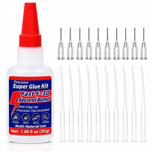 Precision Super Glue Kit, 1.06 fl oz (30g) Liquid CA Glue with Anti-Clog Cap, 10 Metal Tips & 10 Extension Tubes, Fast-Setting Adhesive for Plastic, Metal, Wood, Ceramic, Crafts, Models & DIY Repair in Kuwait