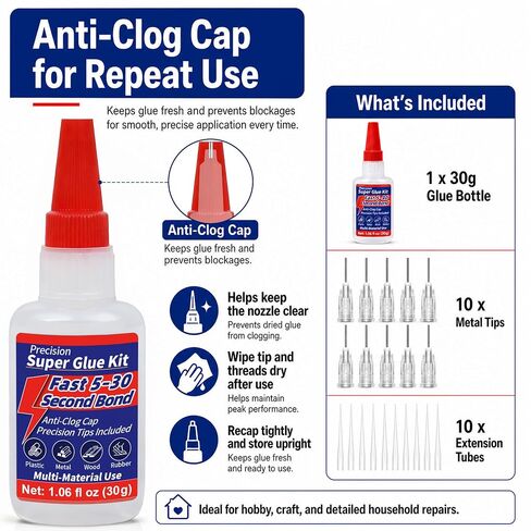 Precision Super Glue Kit, 1.06 fl oz (30g) Liquid CA Glue with Anti-Clog Cap, 10 Metal Tips & 10 Extension Tubes, Fast-Setting Adhesive for Plastic, Metal, Wood, Ceramic, Crafts, Models & DIY Repair in Kuwait