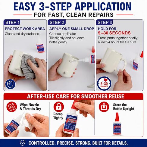 Precision Super Glue Kit, 1.06 fl oz (30g) Liquid CA Glue with Anti-Clog Cap, 10 Metal Tips & 10 Extension Tubes, Fast-Setting Adhesive for Plastic, Metal, Wood, Ceramic, Crafts, Models & DIY Repair in Kuwait