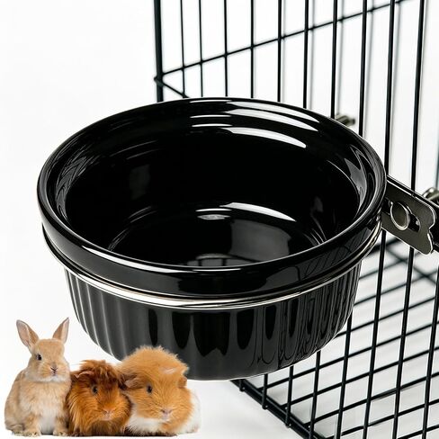 Rabbit Feeding Bowl, Thick Ceramic Bowl with Stainless Steel Support Ring Removable Hanging Crate Food Water Pet Bowl for Rabbits, Guinea Pigs, Small Dogs & Cats (4.92 * 1.97") in Kuwait
