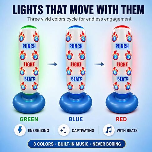 كيس ملاكمة للأطفال مع أضواء LED متغيرة اللون، موسيقى مدمجة و8 أهداف، مجموعة ملاكمة قابلة للنفخ للأعمار من 3 إلى 12 عامًا مع قفازات ملاكمة ومضخة (البطاريات غير متضمنة)، قاعدة تعبئة رمل/ماء هدية عيد ميلاد in Kuwait
