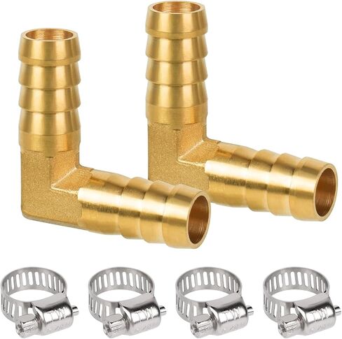90 Degree Hose Elbow, 3/8" Brass Hose Barb Fittings, Heavy-Duty Brass Adapter for Air, Water, Fuel Systems, Includes 4 Stainless Steel Clamps, Leak-Resistant Design, 2-Pack in Kuwait