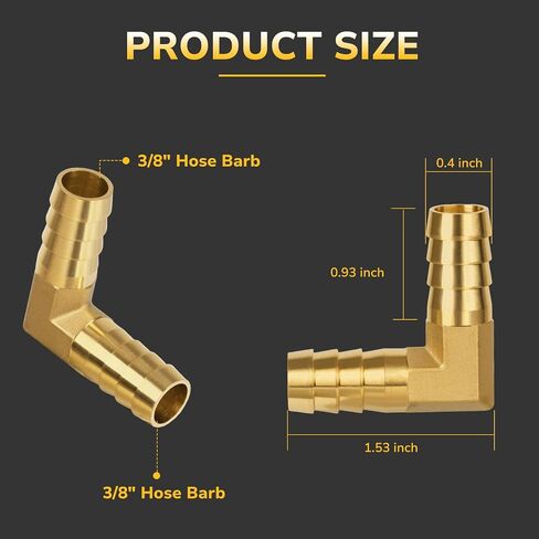 90 Degree Hose Elbow, 3/8" Brass Hose Barb Fittings, Heavy-Duty Brass Adapter for Air, Water, Fuel Systems, Includes 4 Stainless Steel Clamps, Leak-Resistant Design, 2-Pack in Kuwait