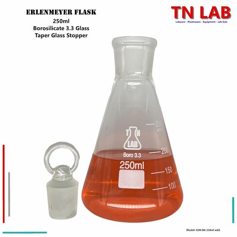 TN LAB 250 مل دورق مخروطي من البورسليكات 3.3 زجاج مع سدادة زجاجية مفصلية 24/25 in Kuwait