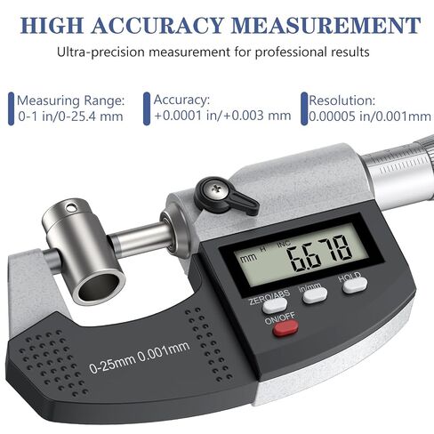 HDLKNAK Dual-Mode Micrometer, Digital Outside Micrometer Precision Measuring Tool, 0-1"/0-25 mm, Inch/Metric 0.00005"/0.001 mm, Machinist Thickness Gauge Tool, Large LCD Display with Protective Case. in Kuwait