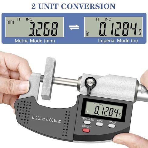 HDLKNAK Dual-Mode Micrometer, Digital Outside Micrometer Precision Measuring Tool, 0-1"/0-25 mm, Inch/Metric 0.00005"/0.001 mm, Machinist Thickness Gauge Tool, Large LCD Display with Protective Case. in Kuwait
