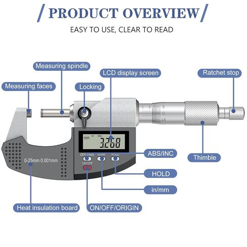 HDLKNAK Dual-Mode Micrometer, Digital Outside Micrometer Precision Measuring Tool, 0-1"/0-25 mm, Inch/Metric 0.00005"/0.001 mm, Machinist Thickness Gauge Tool, Large LCD Display with Protective Case. in Kuwait