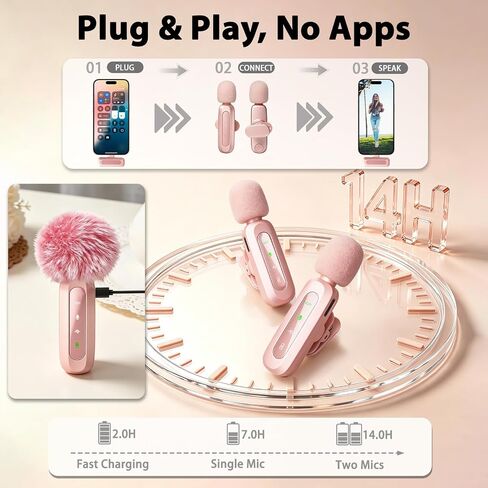 ميكروفون صغير لاسلكي وردي اللون لهاتف iPhone 15/16/17، وiPad، وAndroid، مع خاصية إلغاء الضوضاء، وميكروفون USB C محمول على شكل طية صدر لتسجيل الفيديو، ومدونة الفيديو، وTikTok، وYouTube - وردي وردي لمنشئي المحتوى in Kuwait