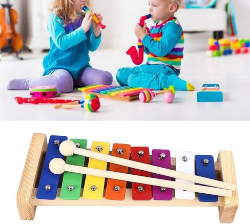 8 Note Xylophone Instrument with 2 Mallets, Educational Musical Glockenspiel Keyboard Aluminum Wood Material for Toddlers Beginners Music Learning Play in Kuwait