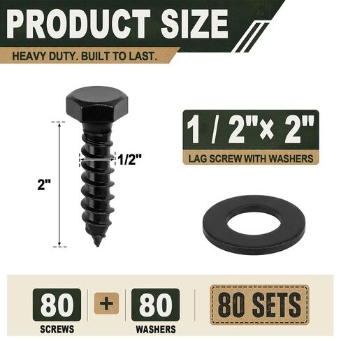 Hicarer 1/2" X 2" 80 Pack Hex Head Lag Bolts with Washers Heavy Duty Lag Screws Kit Black Ceramic Coating Wood Screws for Furniture Woodworking Deck Fences Gazebo Timber Outdoor Construction in Kuwait