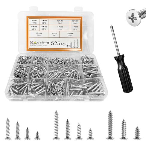 525PCS Self Tapping Screws Assortment Kit, M3/M4/M5 Phillips Flat Head Wood Screws Set with Sharp Point for Furniture, Woodworking, DIY, Plastic, Soft Metal & Home Repair in Saudi Arabia